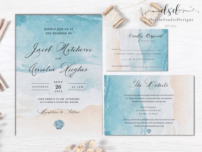 Coastal Wedding Invitation Set, Beach Theme, RSVP & Details Card ...