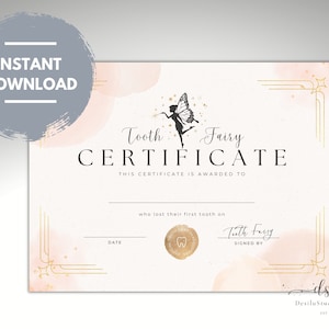 Certificat de fée des dents, prix de la première dent perdue, reçu de la fée des dents, enfant a perdu sa première dent, fée rose pailletée, téléchargement immédiat, impression maintenant