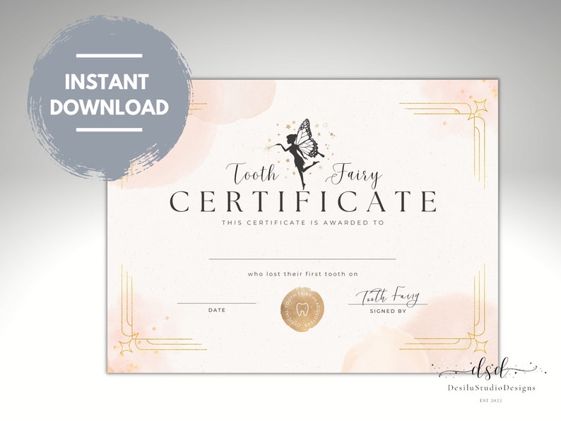 Tooth Fairy Certificate, Lost First tooth Award, Tooth Fairy Receipt, Kid Lost first tooth,Pink Glitter Fairy, Instant Download, Print Now image 1