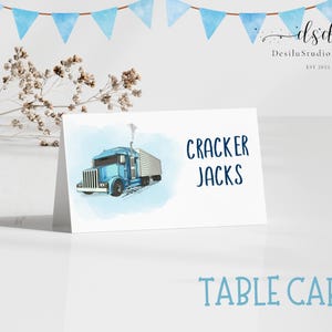 Modelo de cartão de mesa de aniversário editável para caminhão semi, modelo de cartão de ritmo para festa de aniversário de caminhão semi, caminhão azul, modelo de cartão de comida