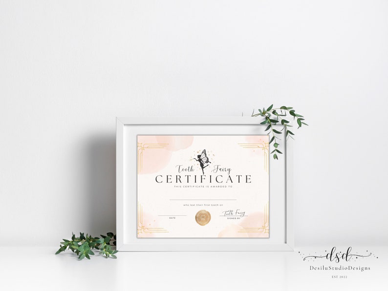 Tooth Fairy Certificate, Lost First tooth Award, Tooth Fairy Receipt, Kid Lost first tooth,Pink Glitter Fairy, Instant Download, Print Now image 3