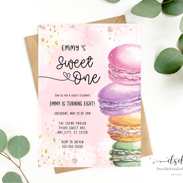 Bearbeitbare Sweet One Geburtstagseinladung, Macaron Dessert Geburtstagseinladung, Candy Sweets Pastell digitale Vorlage, Sweet One Birthday