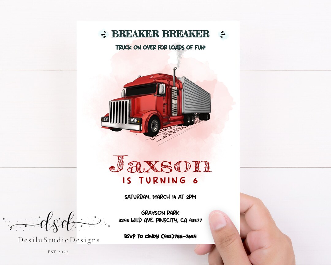 Red Semi Truck Editable Birthday Invitation Template, Printable Semi Truck Birthday Party Invite ...