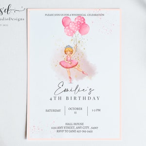 Plantilla de invitación de cumpleaños de bailarina / Invitación para fiesta de ballet rosa / Cumpleaños de bailarina / Descarga instantánea editable / Fiesta temática de ballet