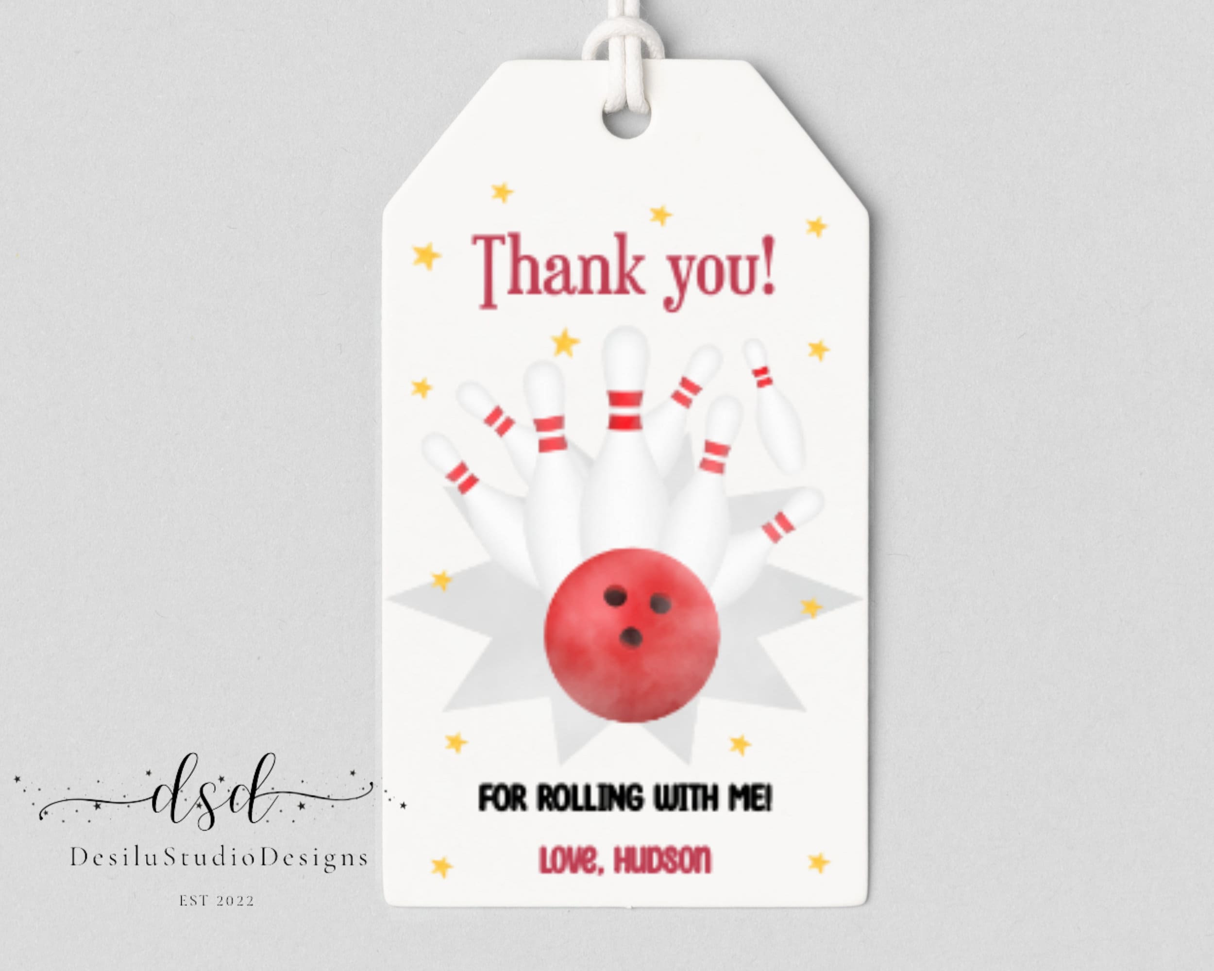 Editable Bowling Party Birthday Gift Tag Strike up some fun Red Bowling Watercolor Birthday Thank You Tag Kid Fun Playful