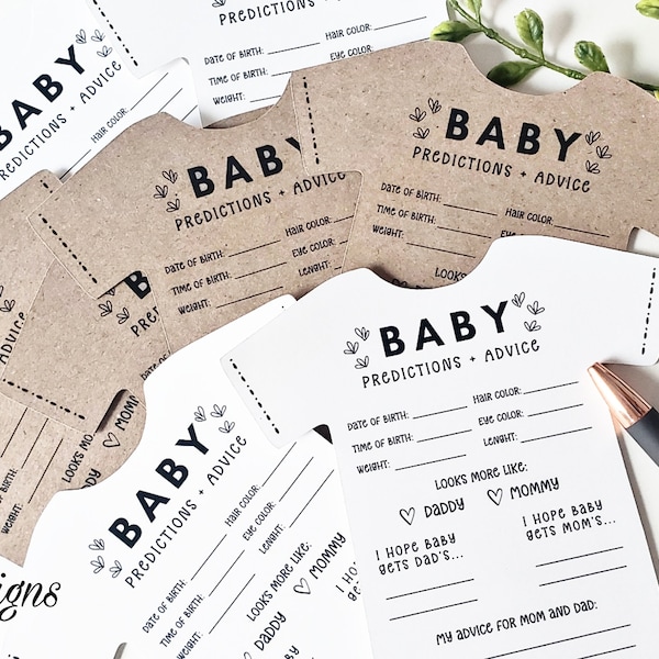 Onesie Shaped Baby Prediction and Advice Cards, Gender neutral Baby Shower Game, 10 Printed onesie shaped cards, Baby shower game, Guessing