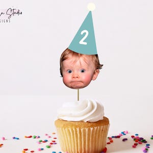 Personalized Face Photo Party Hat Cupcake Topper Milestone Birthday Photos Customized Different Faces Party Hat Decoration Face on stick