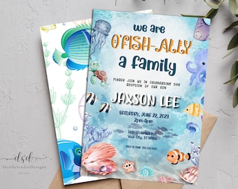 May include: A blue and white invitation card with a watercolor background of an underwater scene. The text reads "We are O'Fish-Ally a family. Please join us in celebrating the adoption of our son Jaxson Lee. Saturday, June 22, 2023, 2pm-4pm, 3435 Undersea Ave, Your City, ST 34353. RSVP to 555-555-5555."