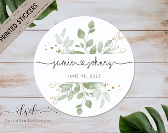 Personalized Eucalyptus Wedding Stickers, Green Gold Foil, Thank You Favors