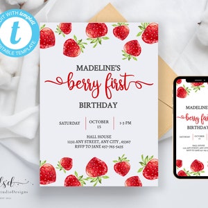 Strawberry Birthday Invitation editable First Berry Party Berry Sweet Girl Birthday Watercolor Strawberries Birthday Digital Download