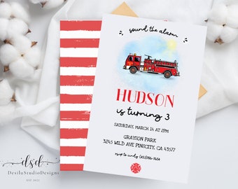 Fire Truck Editable Birthday Invitation Template, Printable Fire Truck Birthday Party Invite, Red Truck, Red Stripes, Templett