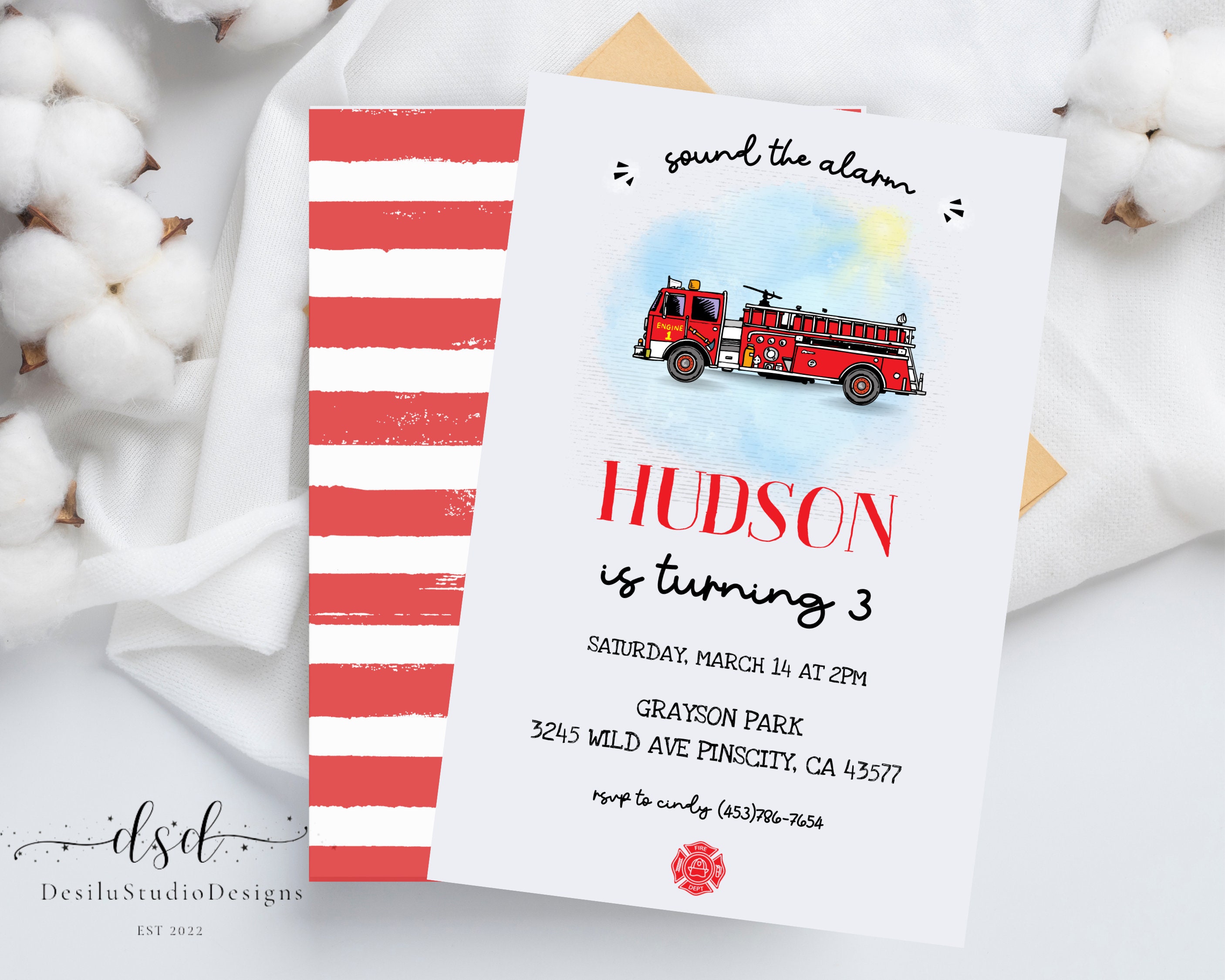 Fire Truck Editable Birthday Invitation Template Printable Fire Truck Birthday Party Invite Red Truck Red Stripes Templett