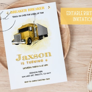 Modelo de convite de aniversário editável para caminhão, convite para festa de aniversário de caminhão para impressão, caminhão amarelo, convite branco e preto, Templett