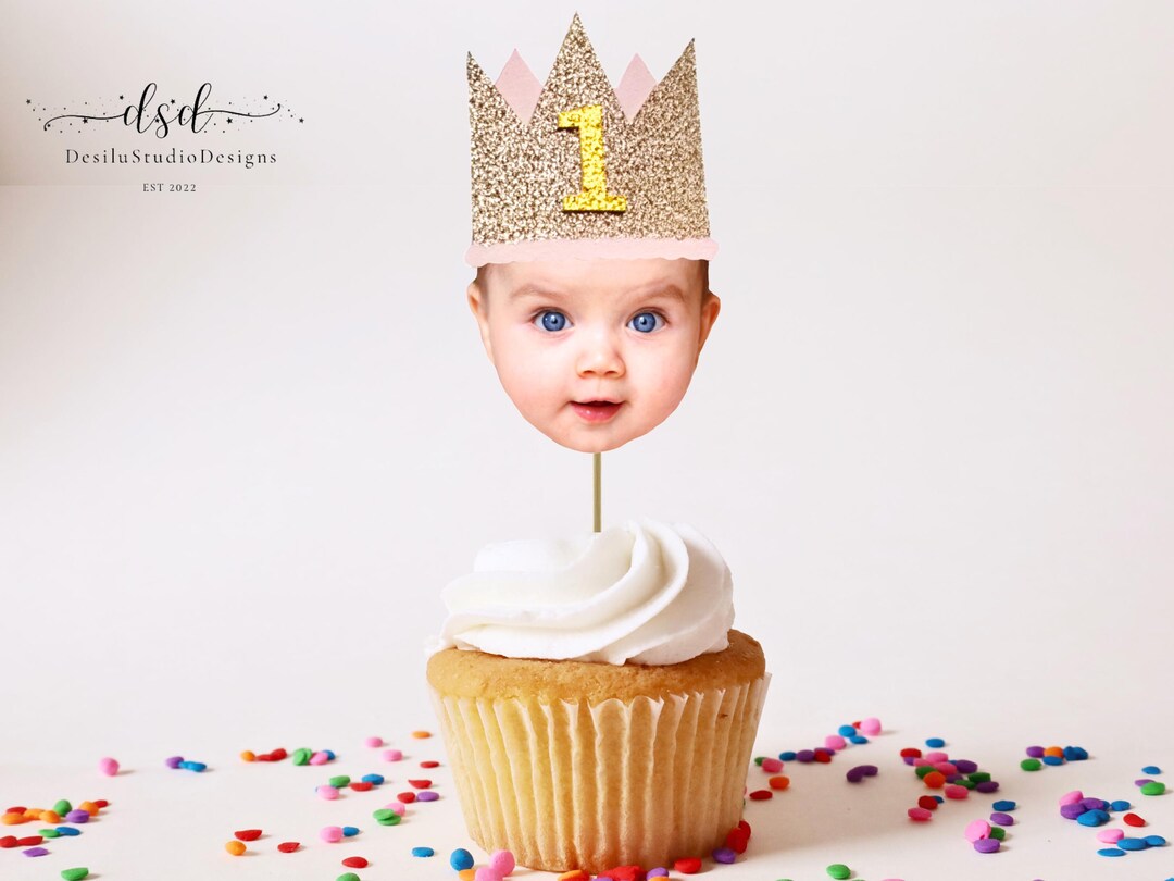 Gold Glitter Crown Photo Cupcake Toppers, Birthday Party Picks (set of ...