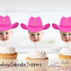 Topo de cupcake de rodeio personalizado com foto de rosto, topper de cupcake de cowboy rosa, decoração para festa de primeiro rodeio, despedida de solteira personalizada, último rodeio, qualquer idade