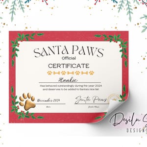 Impressão de Natal Santa Paws, certificado de lista legal Santa Paws, certificado de Natal para cachorro, certificado para impressão de cachorro Santa Paws de Natal Editar