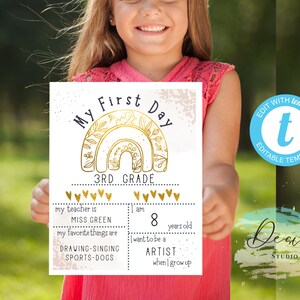 Editable Boho Gold Rainbow Sign, Back to School Poster, Personalized School Sign, Any Grade Sign 1st Day of School, Printable
