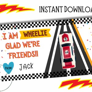 Cartão de Dia dos Namorados Wheelie DIY para imprimir Cartões de Dia dos Namorados para crianças com carro Wheelie Estou feliz que somos amigos Cartões de Dia dos Namorados com carro Hot Wheels
