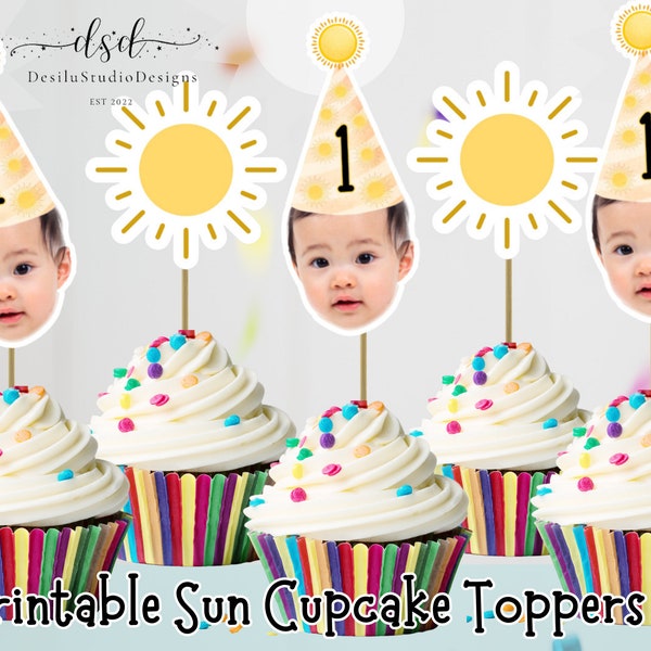 First Trip Around the Sun  Face Photo Cupcake Toppers Printable, Cupcake Face Toppers, Sunshine Boho Cupcake Toppers, Sun Theme Birthday
