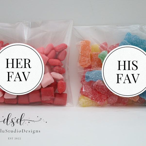 HIS and HER Favorite Wedding Circle Stickers and bags, Wedding Candy Favors, Candy Bags, Favor Candies, Pack of 12