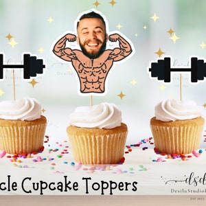 Muscle Man Cupcake Toppers, Body Builder Cupcake Topper DIY Cupcake Face Toppers, Weights Dumbbells Party Decor, Cupcake Topper