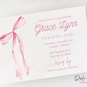 Pink Bow Invitation Birthday 1st Birthday Editable Pink Bow Minimalist Invitation Watercolor Ribbon Blush Pink Turning One Baby Invitation