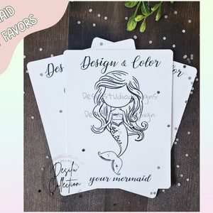 Mermaid Coloring Party Favor Cards, Design and color Mermaid Theme Party, Mermaid Party Favors for Birthday Party, Printed Coloring Cards