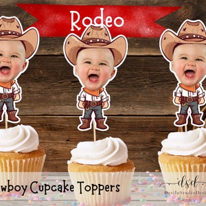 Topper per cupcake da rodeo con foto personalizzata, decorazioni per cupcake da cowboy, decorazione per festa del primo rodeo del selvaggio West, decorazione per la persona cowboy in pensione, il mio primo rodeo