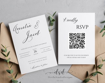 Wedding invitation template, Simple upload your QR code, double sided printable invitation, diy wedding, minimalist editable invitation