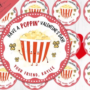 Pegatinas de palomitas de maíz para San Valentín, pegatinas infantiles para bolsas de palomitas, bolsas de golosinas, etiquetas de regalo, etiquetas de San Valentín (juego de 12)