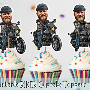 Decorazioni per cupcake a tema motociclista, decorazioni per feste in collina, decorazioni fai da te per cupcake a forma di faccia, decorazioni per feste in motocicletta, decorazioni per cupcake, cupcake per pensionamento