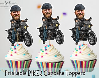 Adornos para cupcakes con diseño de motociclista, decoración para fiesta de jubilación (archivo digital)