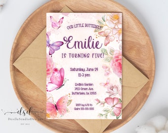 Butterfly Birthday Invitation, Pink Purple Gold Flowers, Editable Template