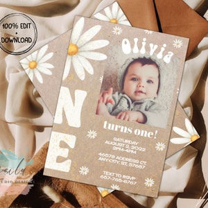 Daisy First Birthday Invitation, Retro Daisy ONE birthday Invitation, Editable Daisy Flower Invite Party, Printable Daisy Invite, Download