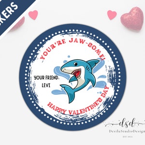 Shark Valentijnsdagstickers, You're Jawsome!, Custom en personaliseer, 2,4-inch stickers, gedrukt en verzonden, Fun Kids Valentine
