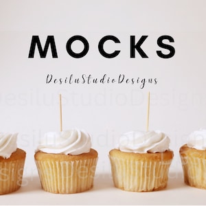Cupcakes Mock Up Photo, Cupcake Topper with picks Mock Up, Cupcake Topper Photo Mock Up, Vanilla Frosting Cupcake Staged Photo, Bakery Front