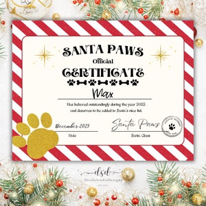 Impressão de Natal Santa Paws, certificado de lista legal Santa Paws, certificado de Natal para cachorro, certificado para impressão de cachorro Santa Paws de Natal Editar