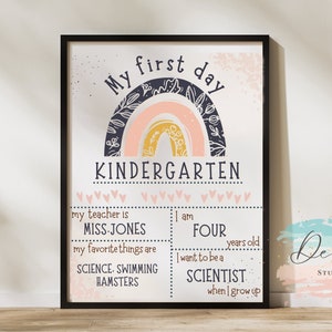 Placa editável de arco-íris Boho para o primeiro dia de aula, pôster de volta às aulas, placa escolar personalizada, placa para qualquer série, primeiro dia de aula, para impressão
