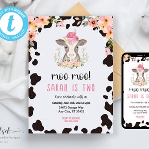 Editable Cow Birthday Invitation, Cow theme birthday, Farm Birthday Invitation, Little Cow Birthday, Floral watercolor Cow Birthday, Moo Moo