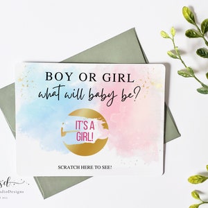 Cartes à gratter fête révélation sexe, sexe révélation garçon ou fille, lui ou elle cartes à gratter bleu rose sexe faire-part cartes à gratter