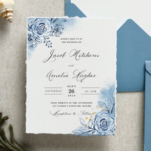 Watercolor Light Blue Wedding invitation template, QR code, double sided printable invitation, diy wedding, minimalist editable invite