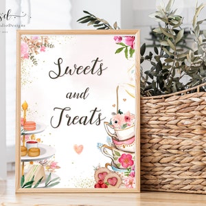 Birthday Tea Party Sweets and Treats Sign Birthday Par-tea Floral Pink Gold Whimsical Girl Shower Garden Party Template PRINTABLE Download
