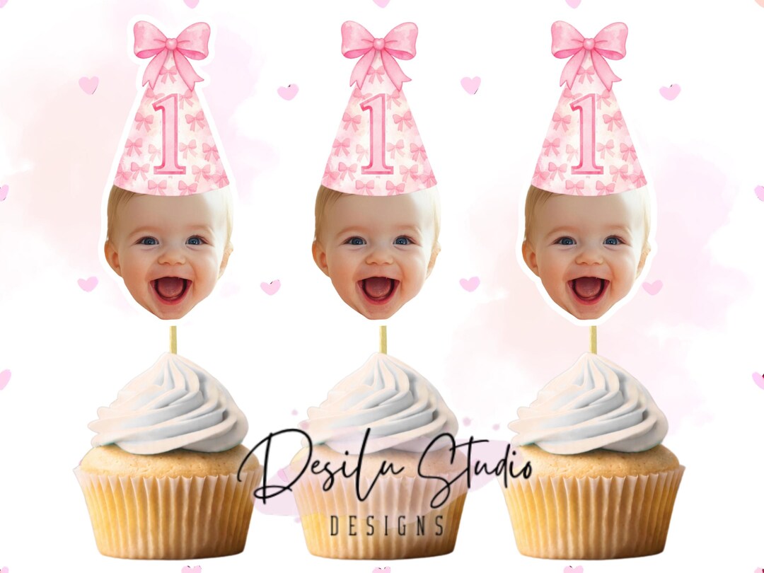 Photo Cupcake Toppers | Pink Bow First Birthday Party Decorations ...