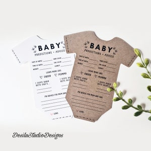 Onesie-vormige babyvoorspellings- en advieskaarten, genderneutraal babyshowerspel, 25 gedrukte onesiekaarten, babyshowerspel, raden