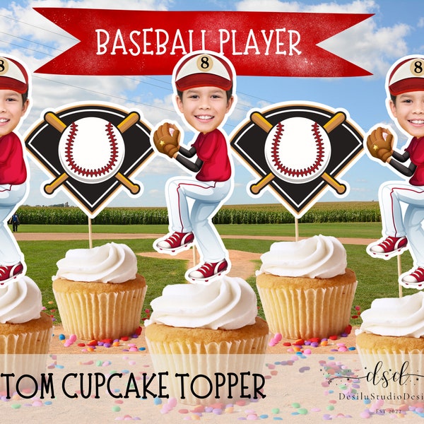 Joueur de baseball Cupcake Toppers Baseball Visage Cupcake Toppers Baseball Photo Toppers Baseball Anniversaire Topper Baseball Party Decor Sports