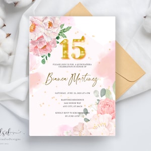 Floral Pink Gold Quinceañera Birthday Editable Invitation, Floral Blush 15th Birthday, Printable Mis Quince Invite Template, Gold Pink