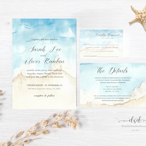 Beach Wedding invitation template Set, Ocean, Coastal, Invitation RSVP Details Card, sided printable invitation, diy wedding, Destination