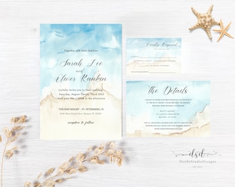 Watercolor Beach Wedding Invitation Set (Digital Template)