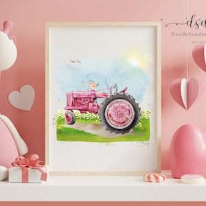 Pink Tractor Truck Art Print, Pink Girl Nursery Truck wall art, Nursery Wall Art, Watercolor Pink Tractor Painting, Toddler Room Decor