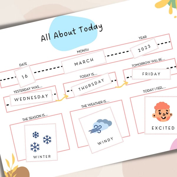 All About Today Morning Board Printable, Kids Learning Chart, Year, Months, Date, Days of the Week, Seasons, Weather, Feelings, PDF